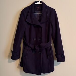Dark Blue Double-Breasted Peacoat with pockets and cinch waist belt
